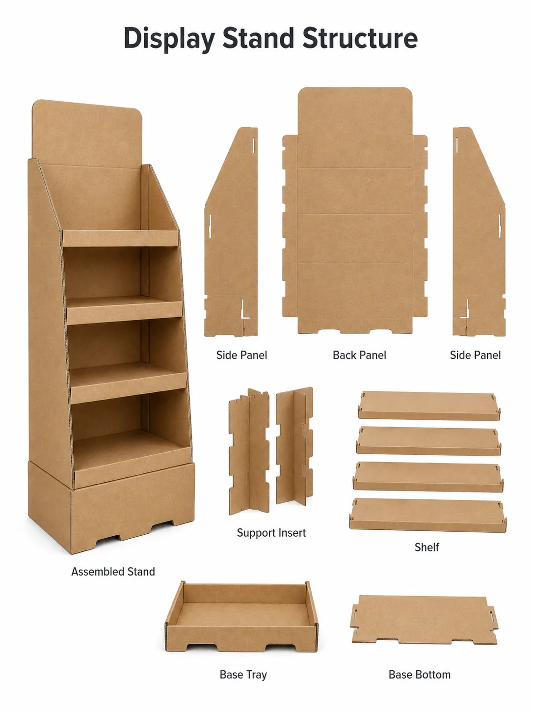 Custom cardboard display stand structure with shelves, trays, and support panels