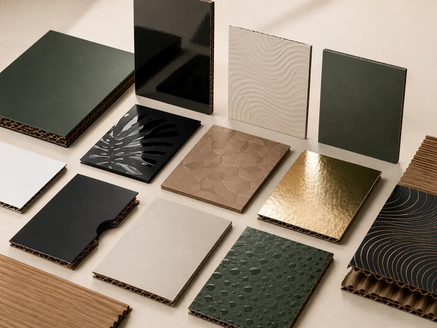 Display Stand finishing samples with matte, gloss, foil, textured, and embossed surface options.