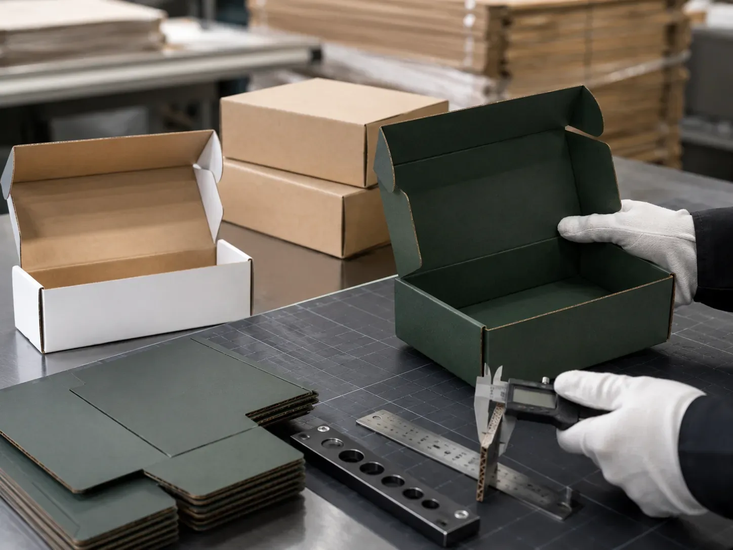 Packaging structure testing for folding lines, lock tabs, inserts, and assembly performance.