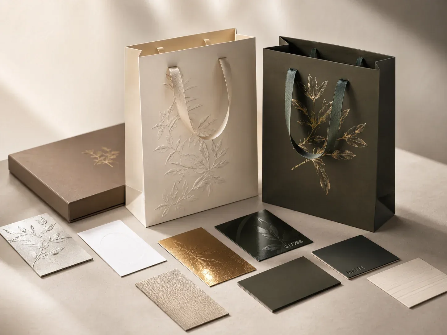 Paper Bag surface finishing with matte coating, foil stamping, and embossing details