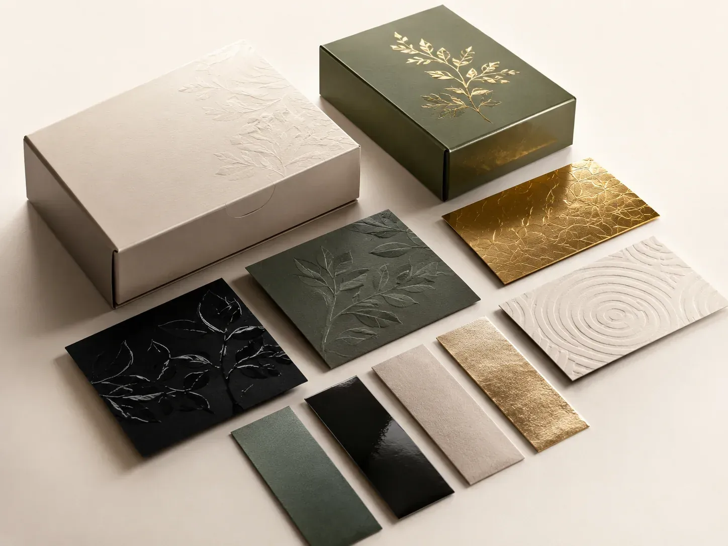 Paper box surface finishing with matte coating, foil stamping, and embossing details
