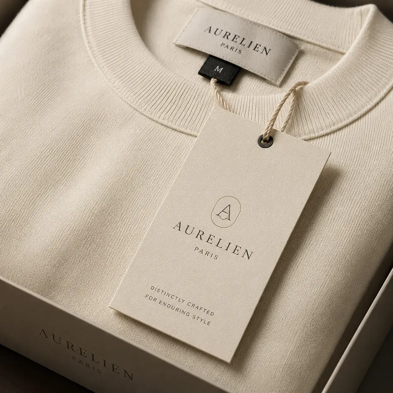 Custom hang tag on apparel packaging.