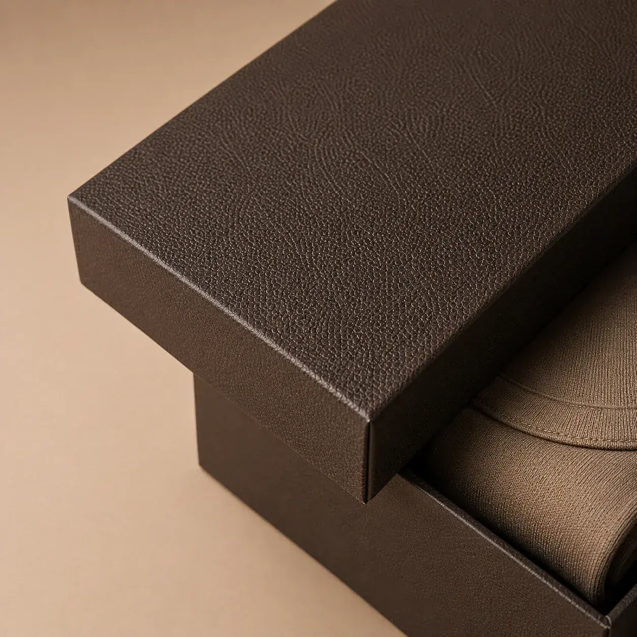 Leather grain texture on apparel packaging.