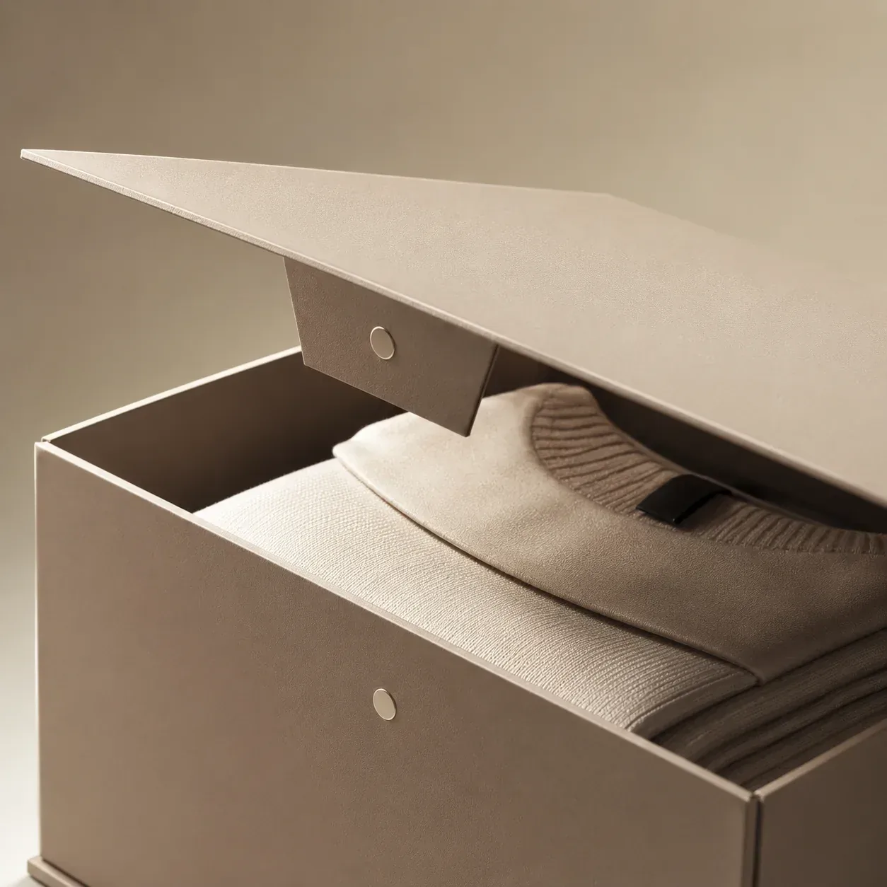 Magnetic closure on apparel packaging.