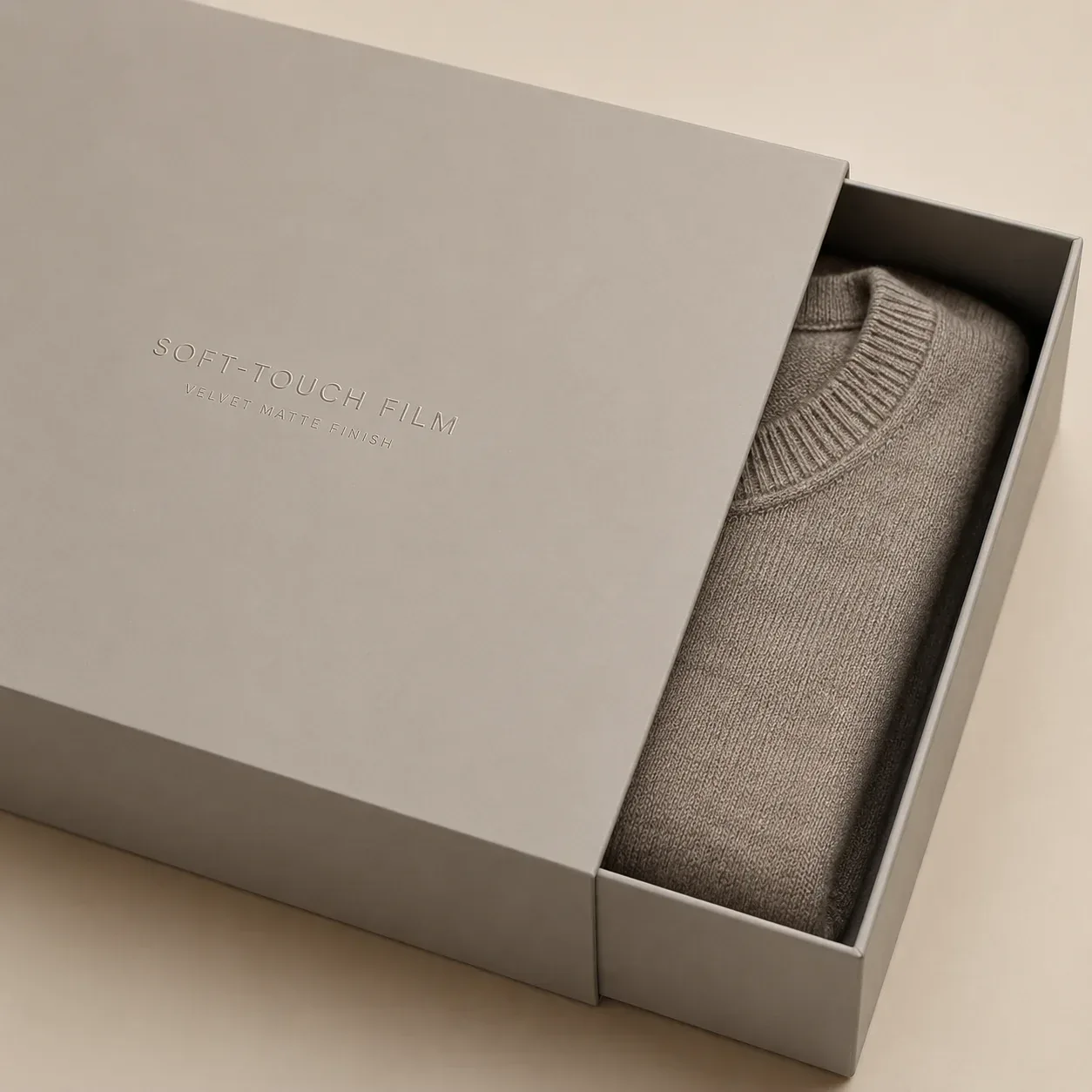 Soft-touch film on apparel packaging.