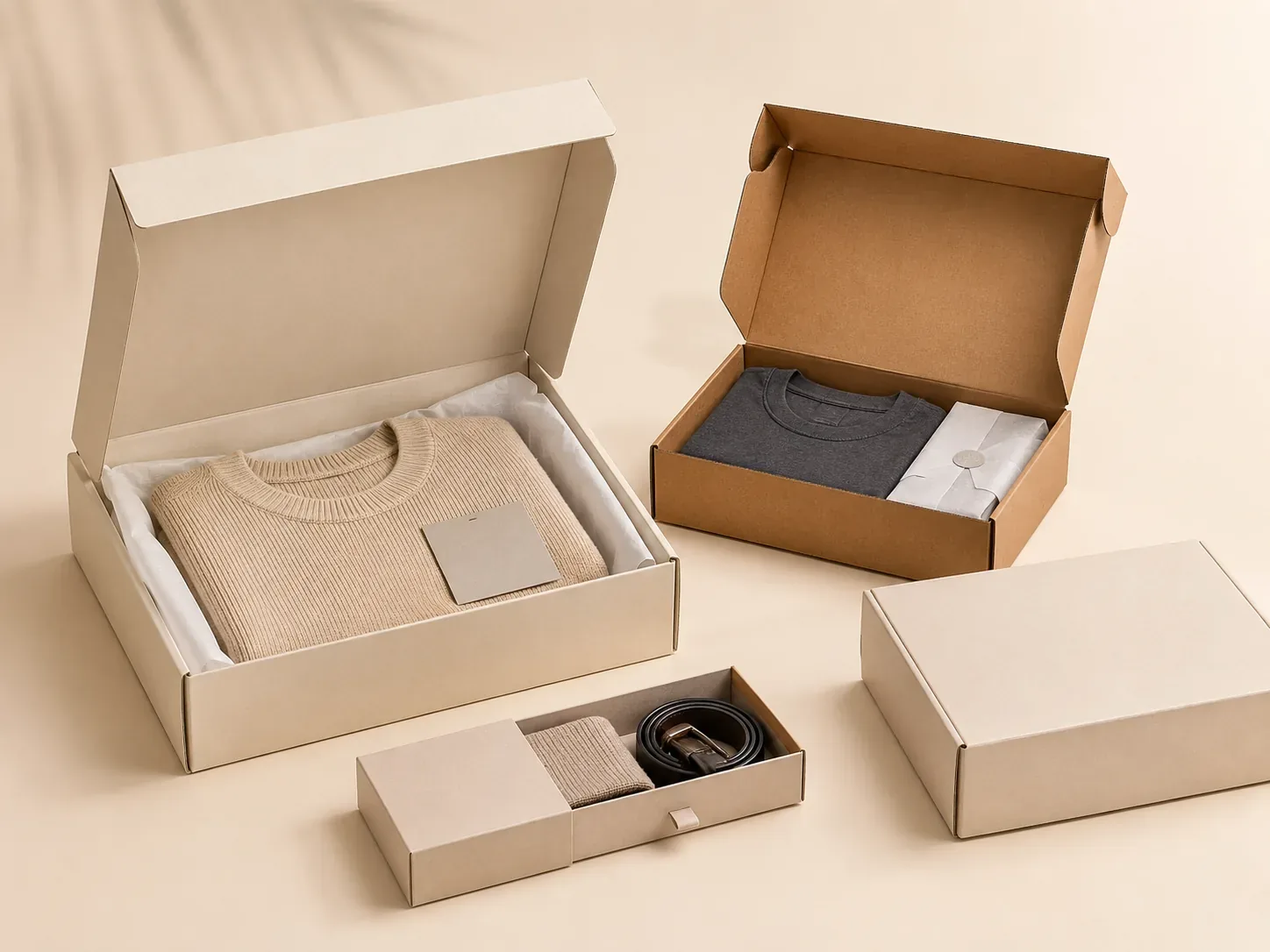 Custom apparel packaging boxes with protective inserts for garments, footwear, and fashion accessories.