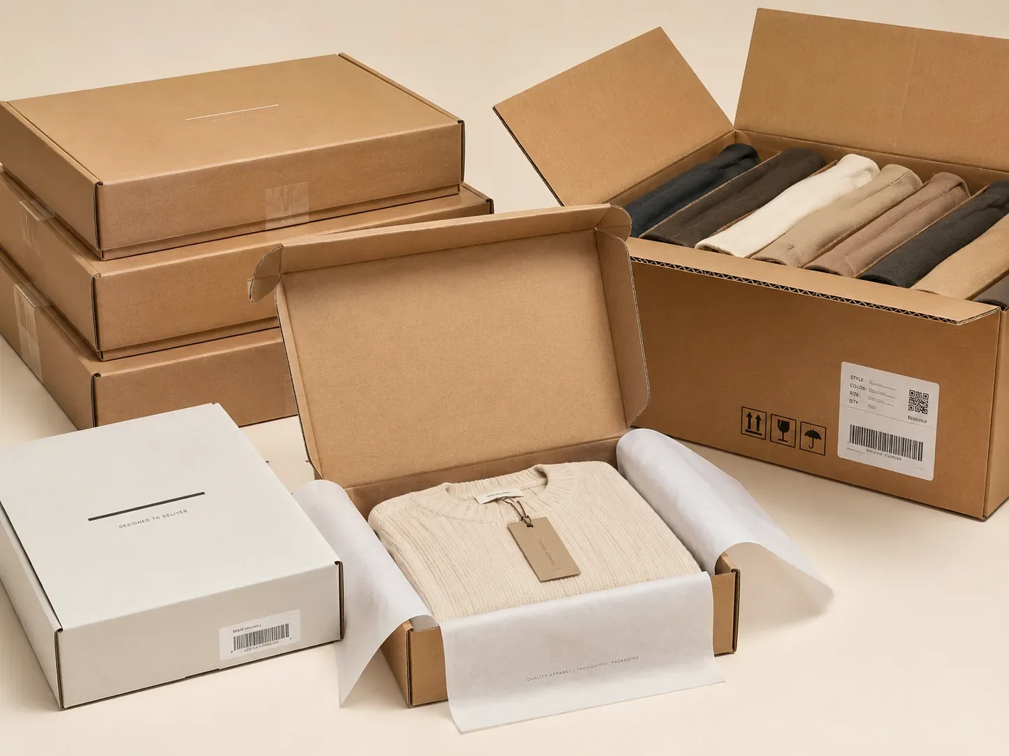 Apparel packaging ready for online fulfillment and global delivery.