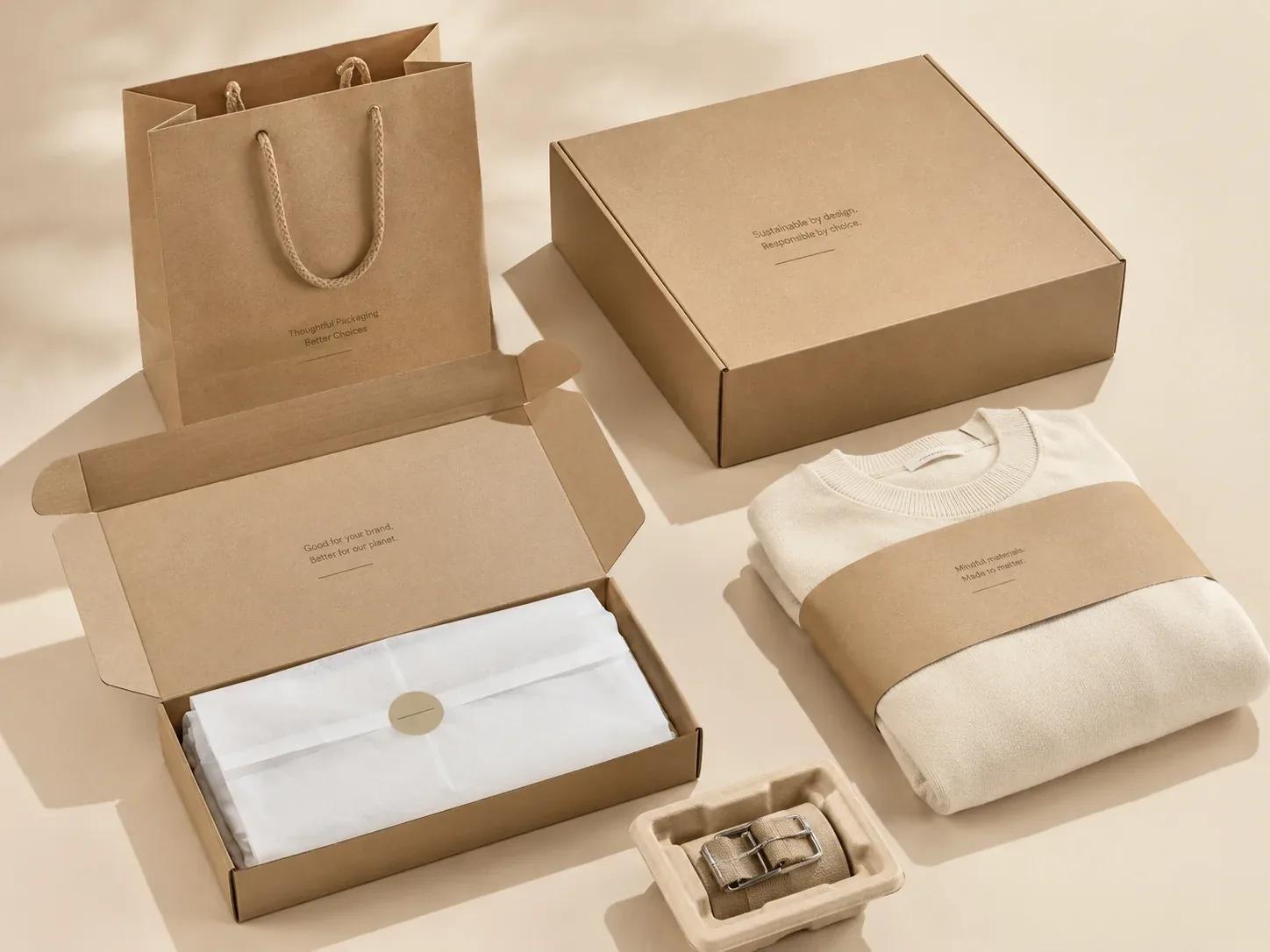 Paper-based apparel packaging with kraft box and inserts.