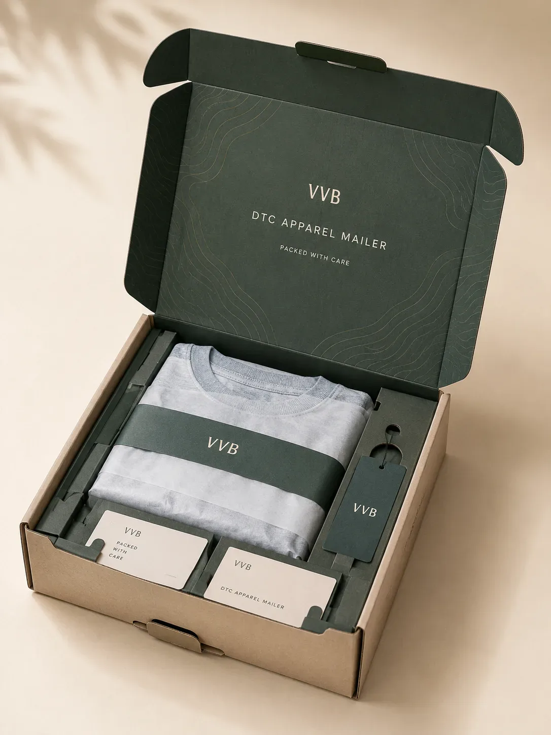 DTC apparel mailer box with folded clothing and printed card.