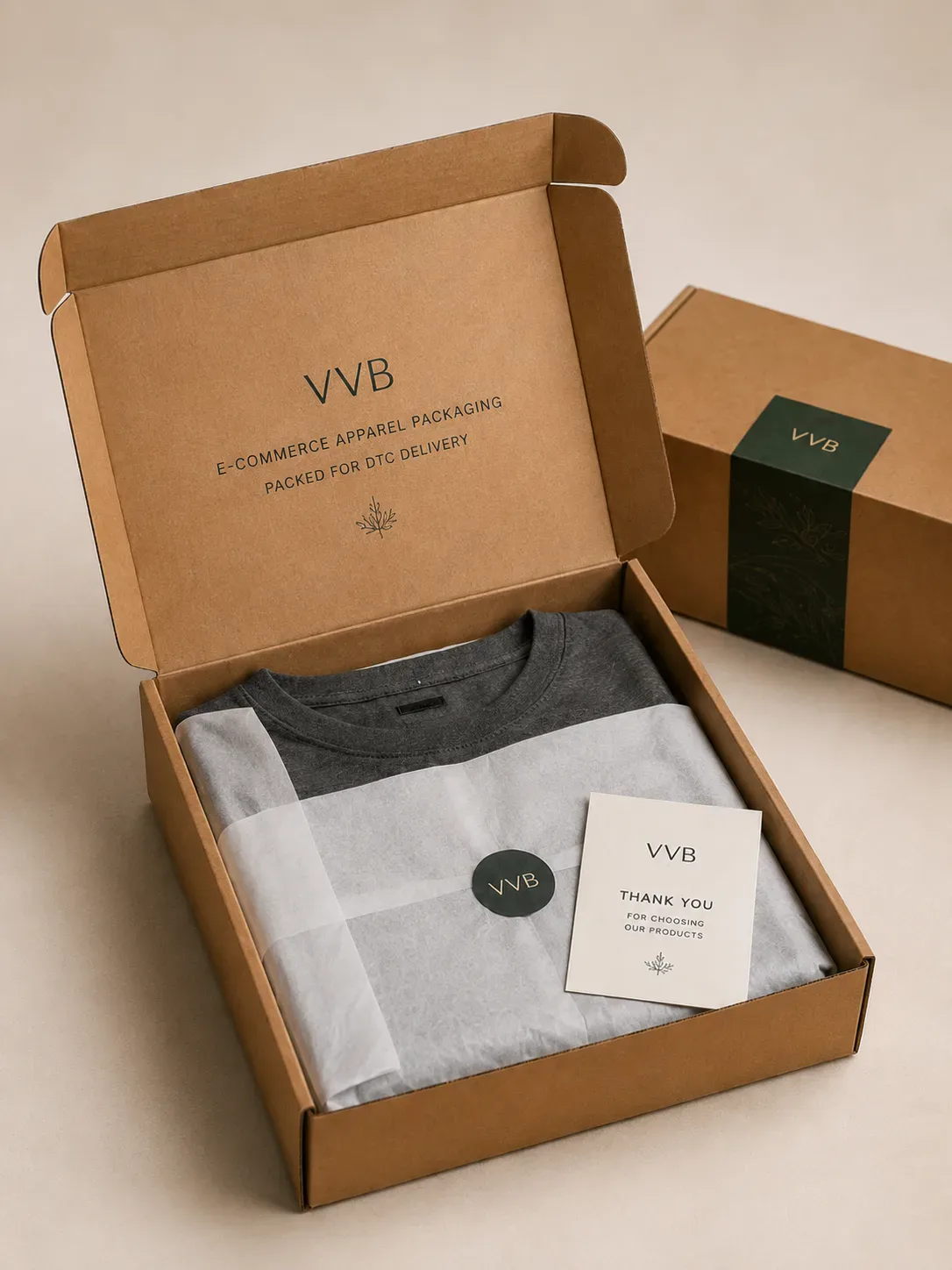 E-commerce apparel packaging with mailer boxes and protective inserts.