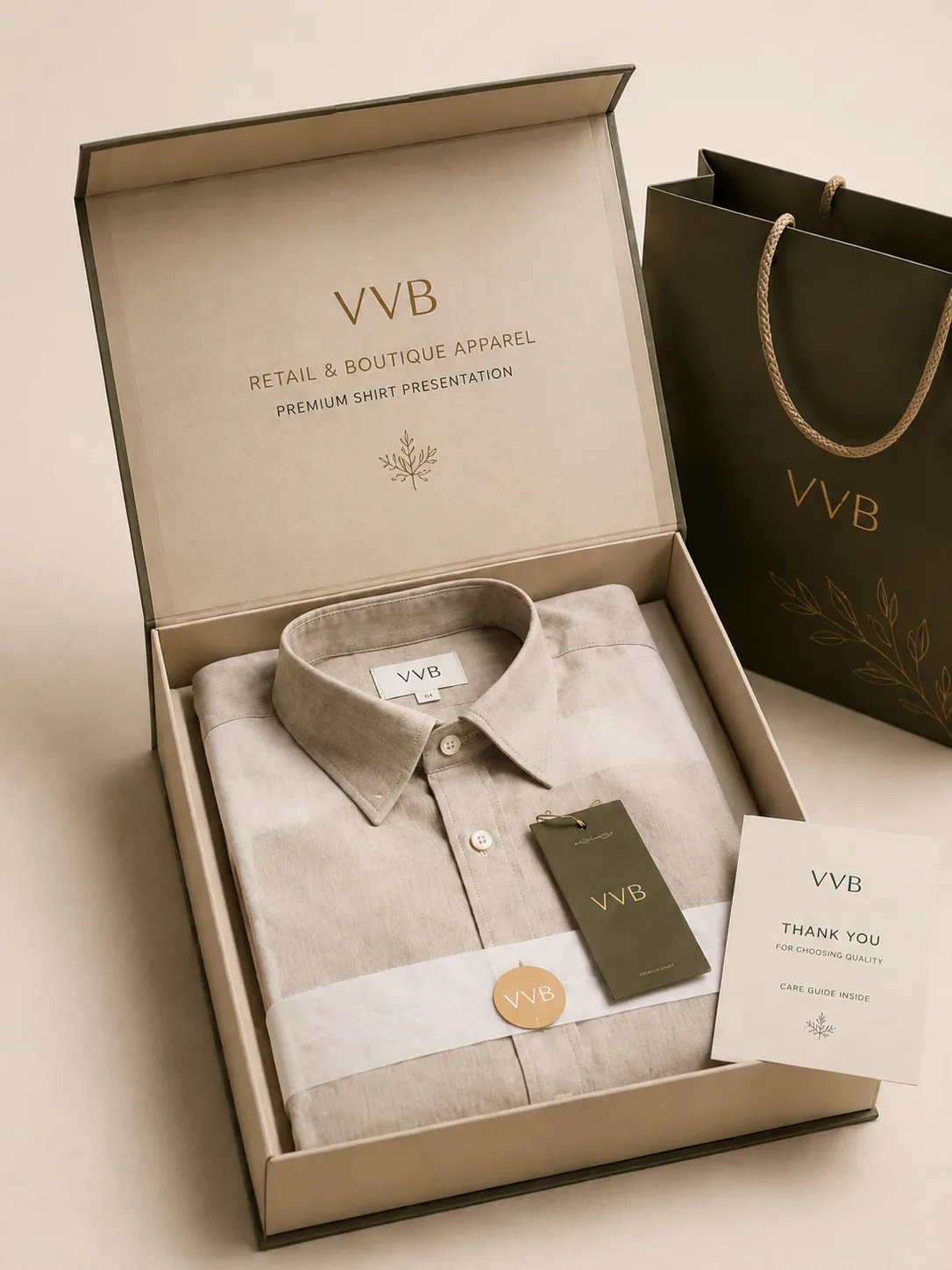 Retail apparel packaging with branded boxes and paper bags.