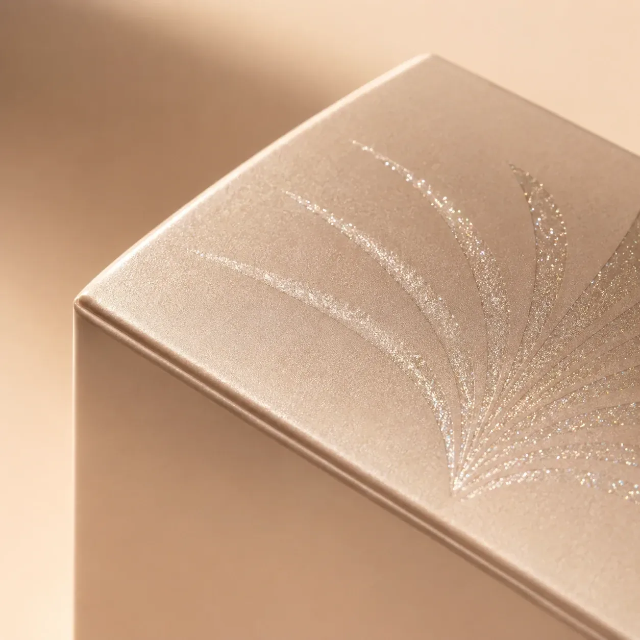Glitter UV finish on cosmetics packaging.