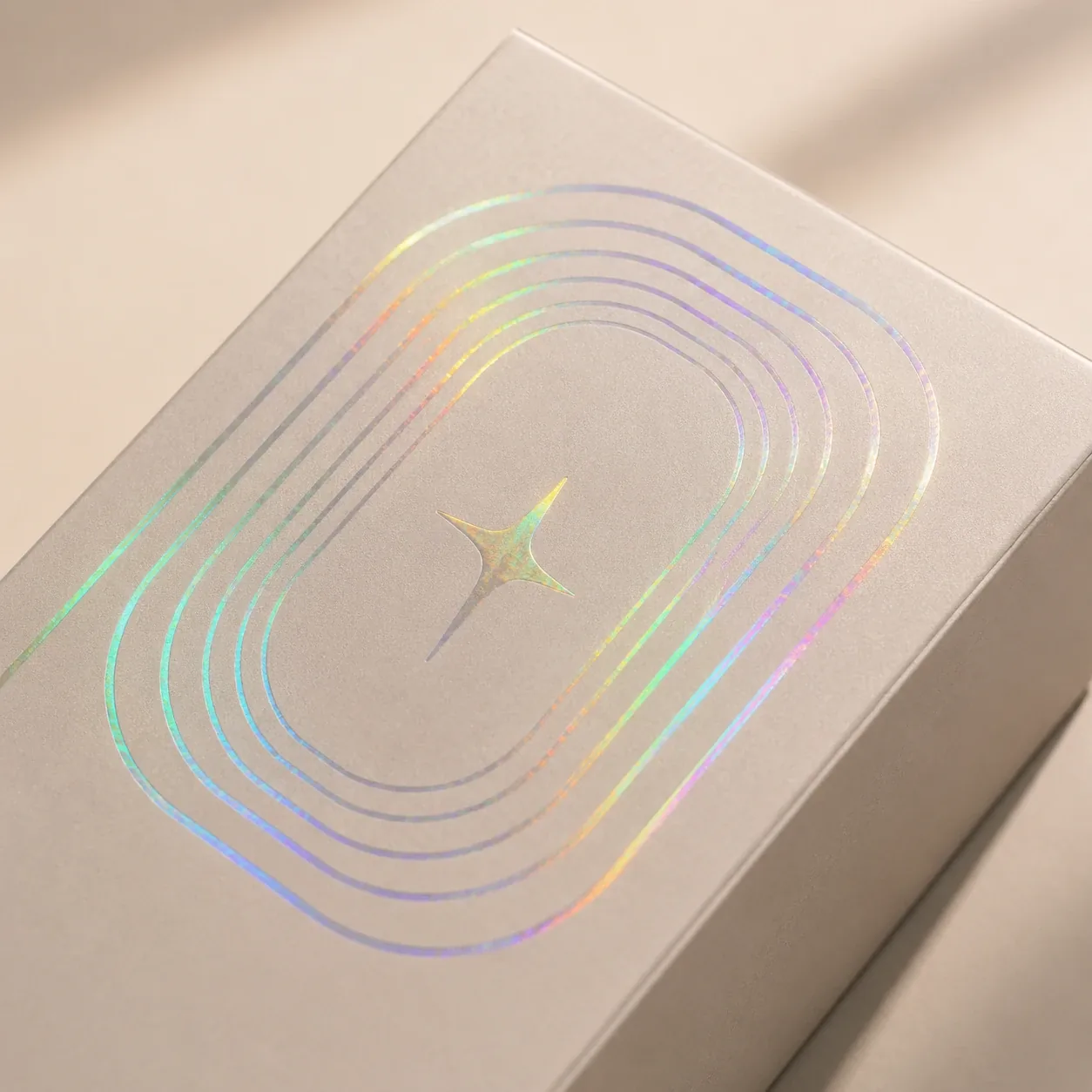 Holographic foil on cosmetics packaging.