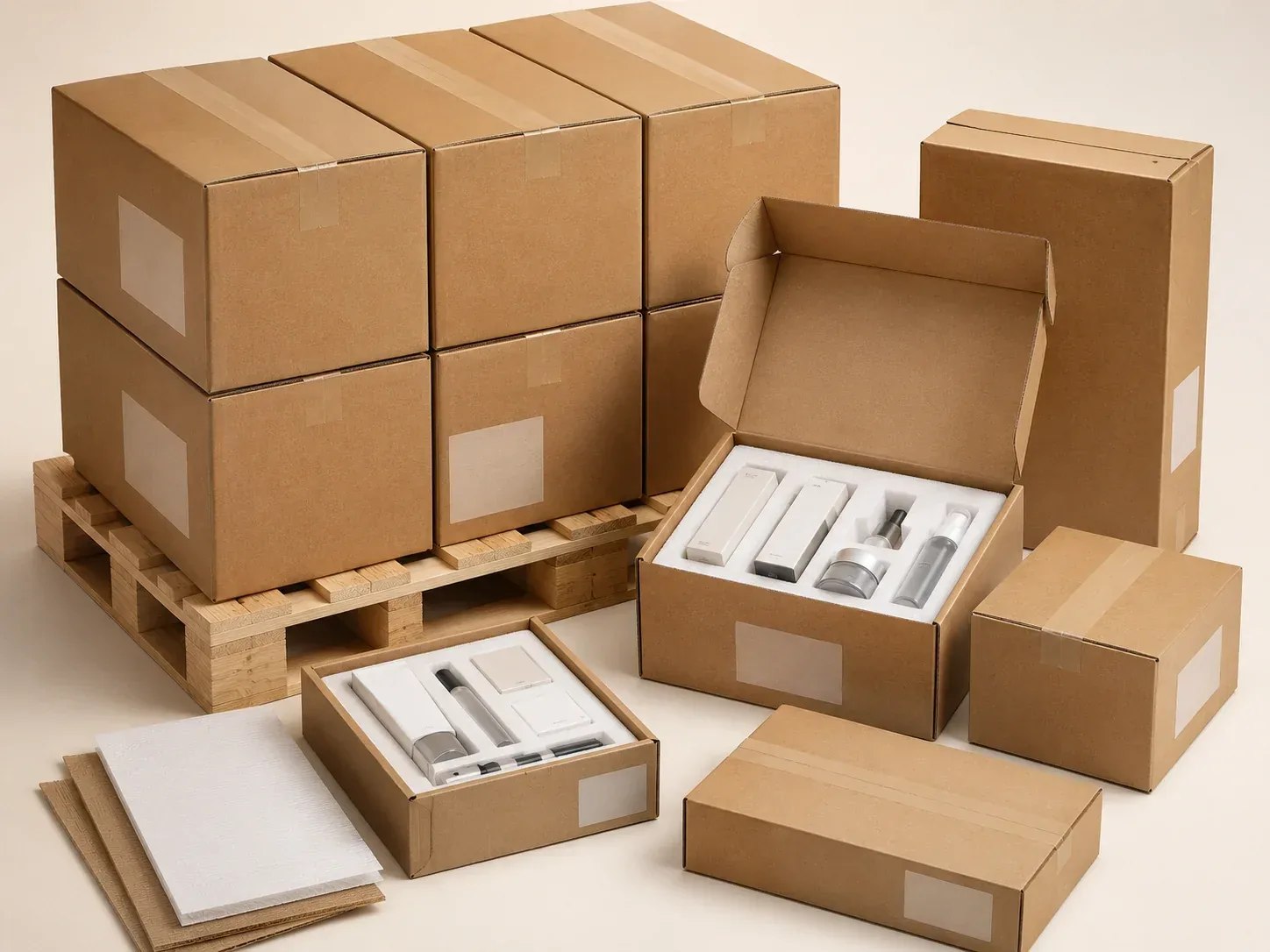 Corrugated cosmetics boxes for shipping protection.