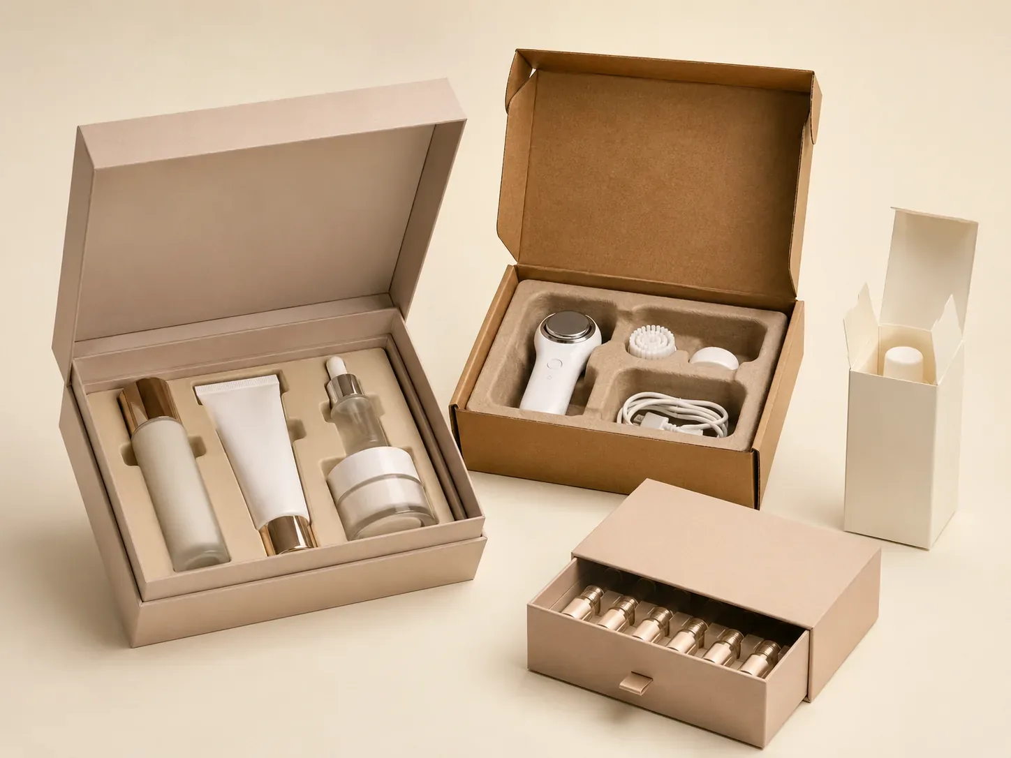 Custom cosmetics packaging boxes with protective inserts for skincare, makeup, and beauty devices.