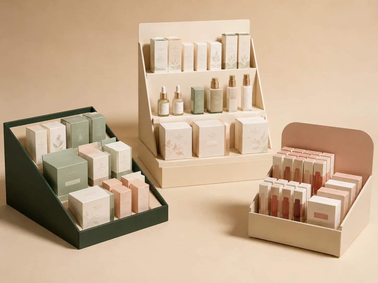 Cosmetics display stand for retail packaging promotions.