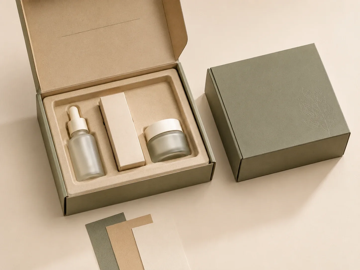 Paper-based cosmetics packaging with kraft box and inserts.