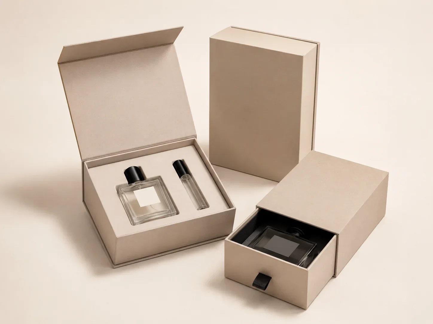 Fragrance and perfume packaging boxes.