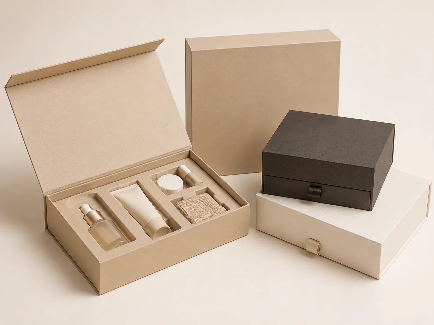 Cosmetics gift boxes with protective inserts.