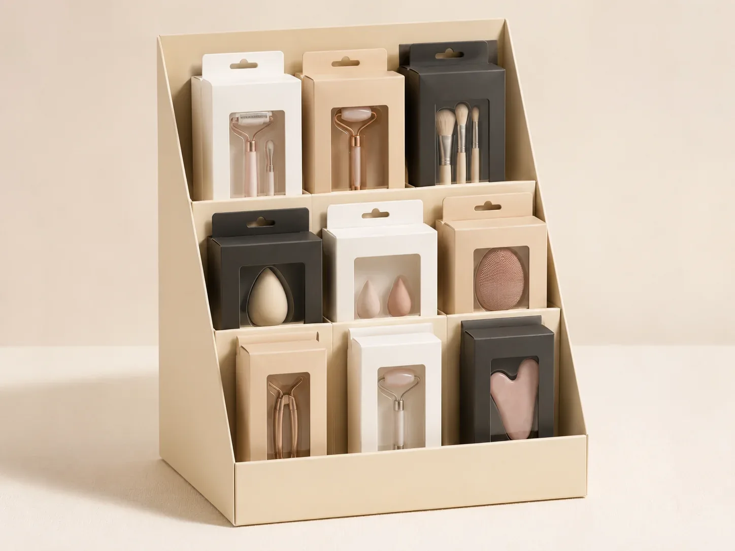 Cosmetics retail display stand with product boxes.