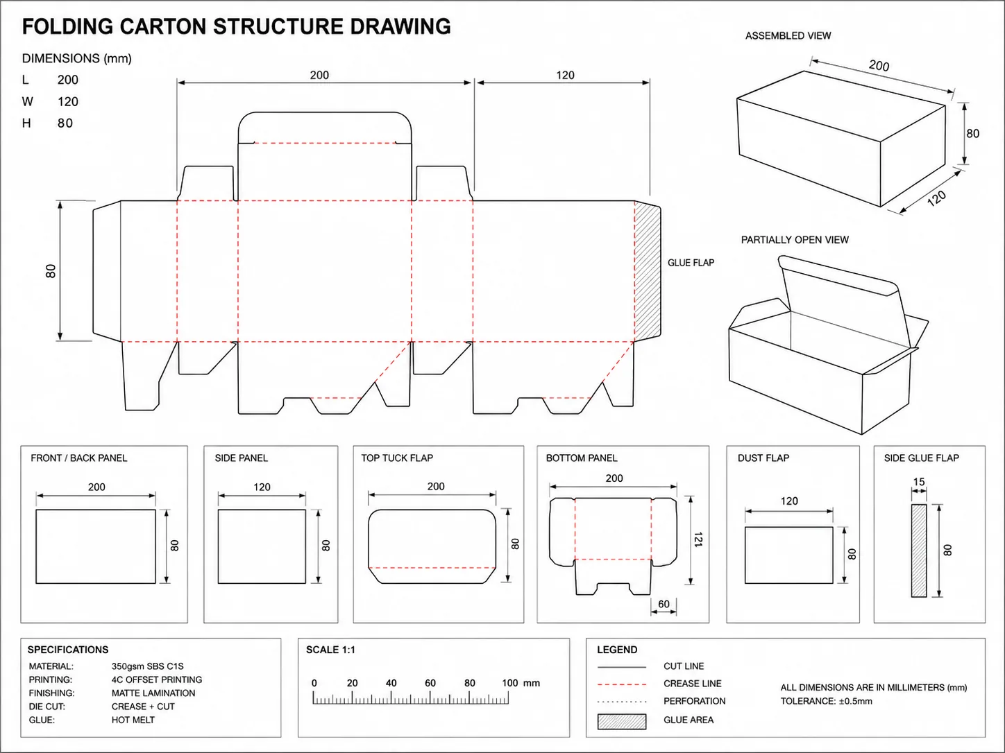 Packaging structure design with dielines, inserts, folding carton layout, corrugated mailer box, and display stand engineering details.