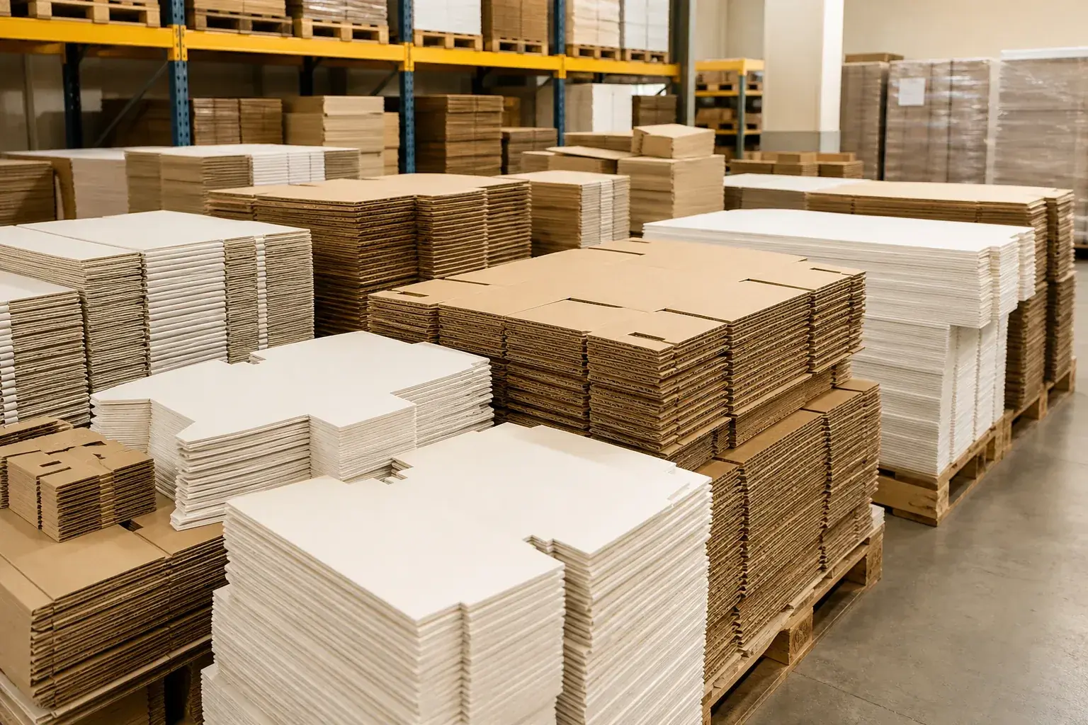 Flat-pack packaging for paper boxes, mailer boxes, and display units