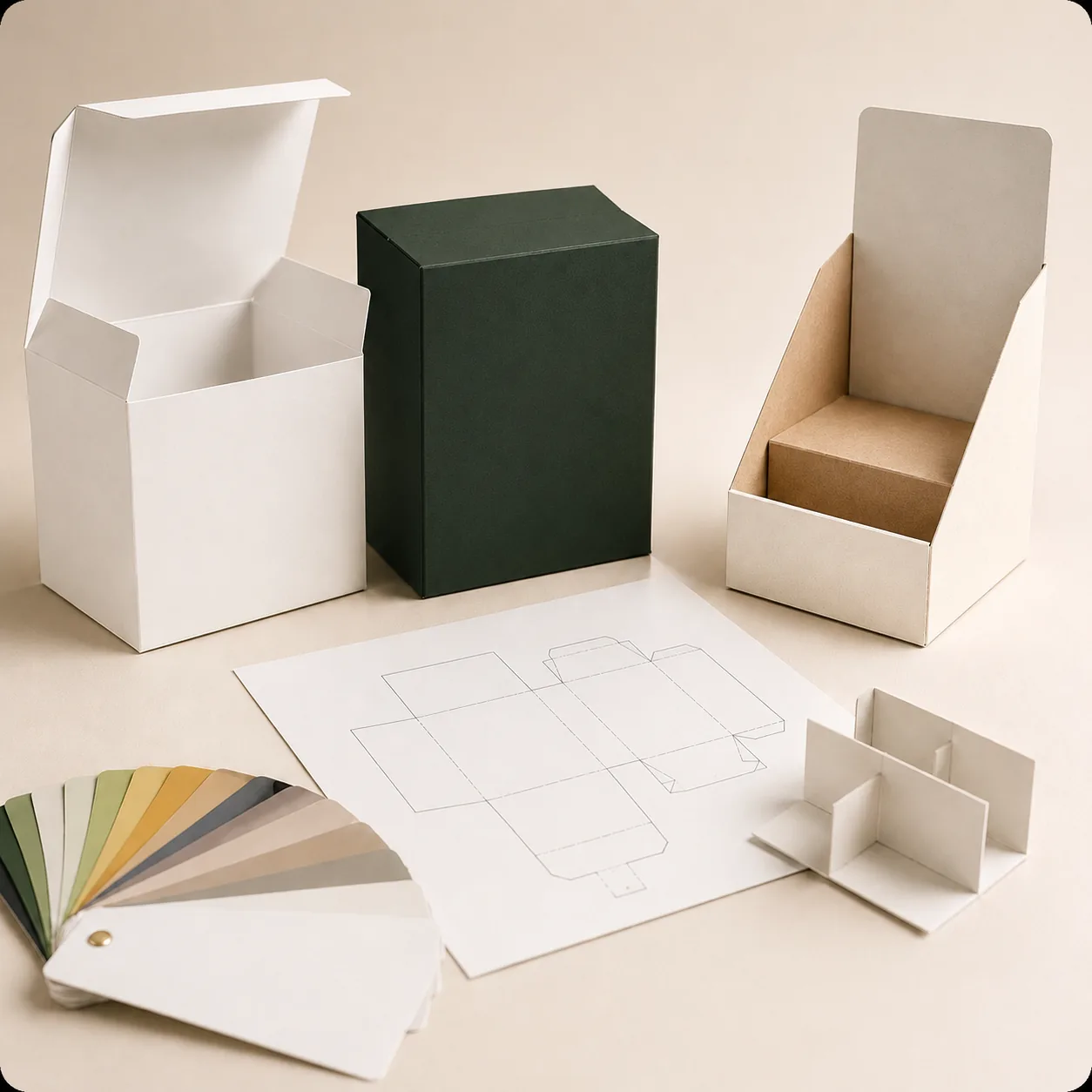 Packaging samples with white box prototypes, printed color swatches, color fan deck, inserts, and dieline approval materials