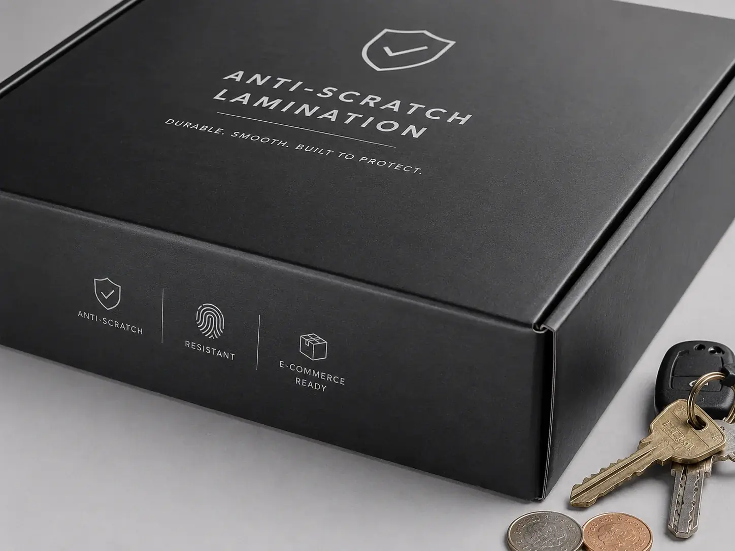 Anti-scratch lamination on e-commerce packaging.