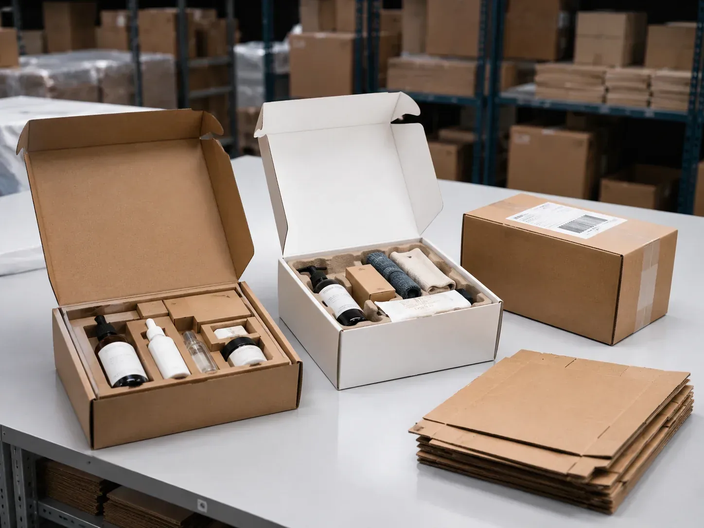 Custom e-commerce packaging boxes with protective inserts for online shipments.