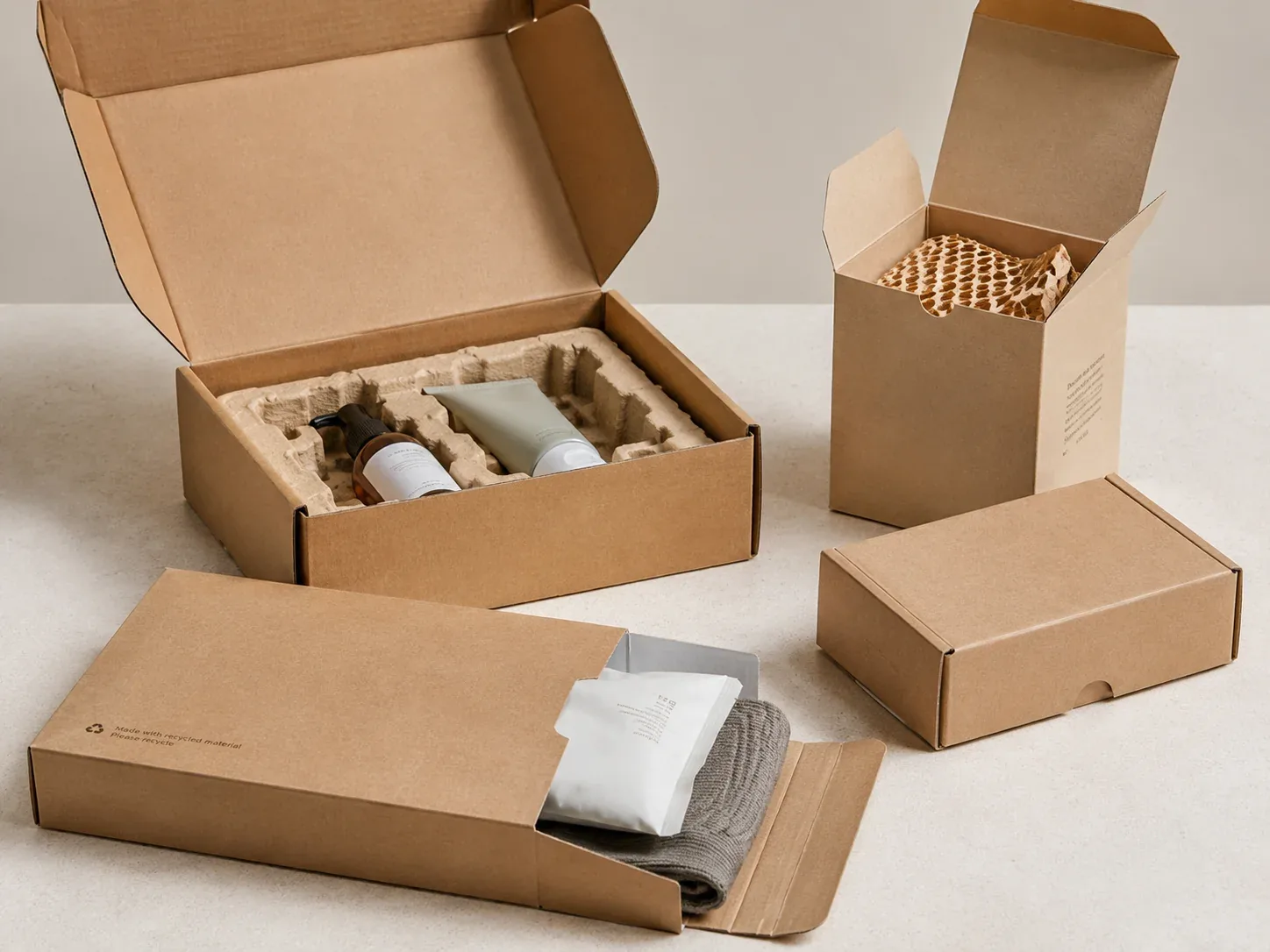 Paper-based e-commerce packaging with kraft box and inserts.