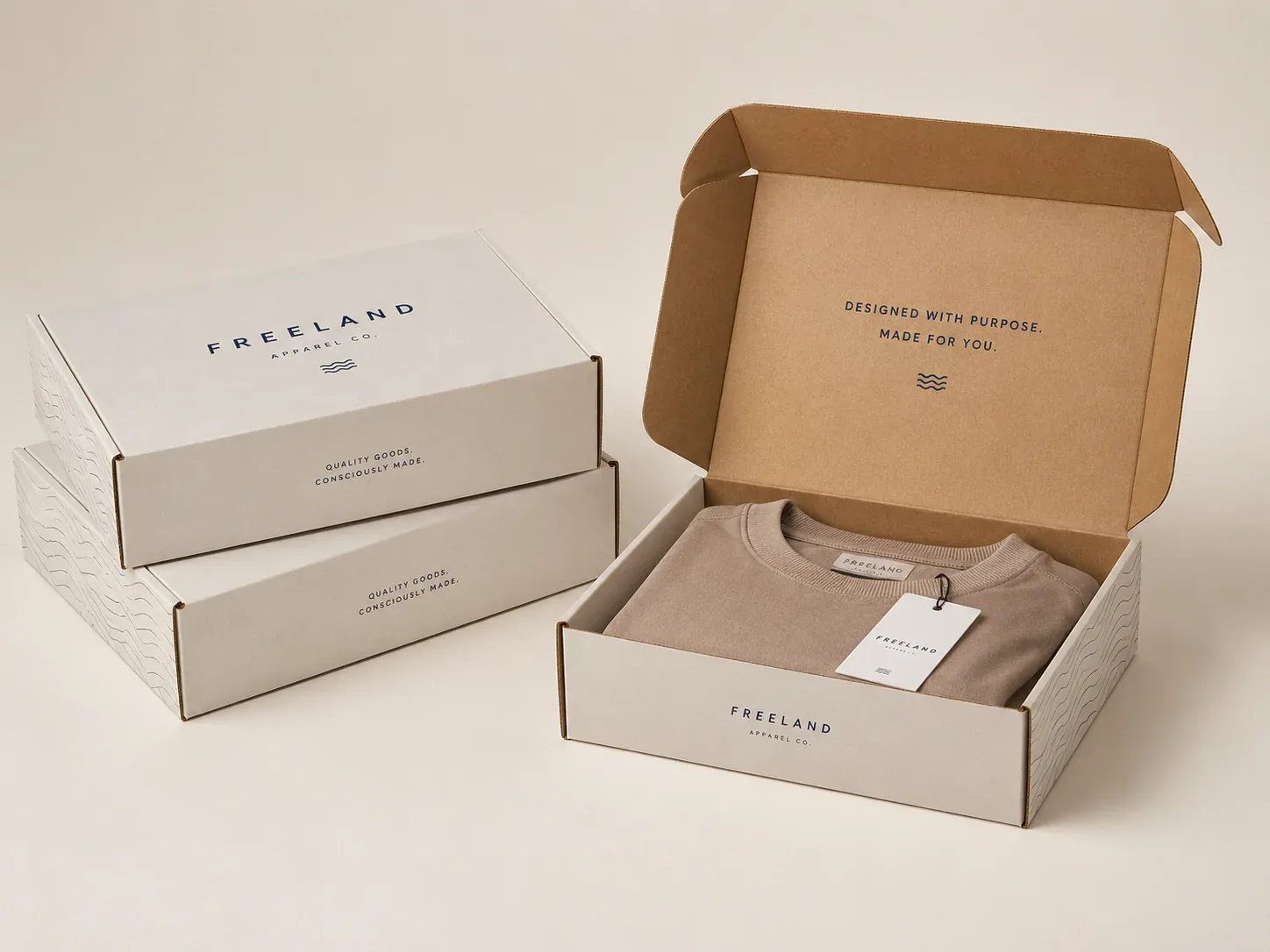 Custom branded mailer boxes for online retail shipping.