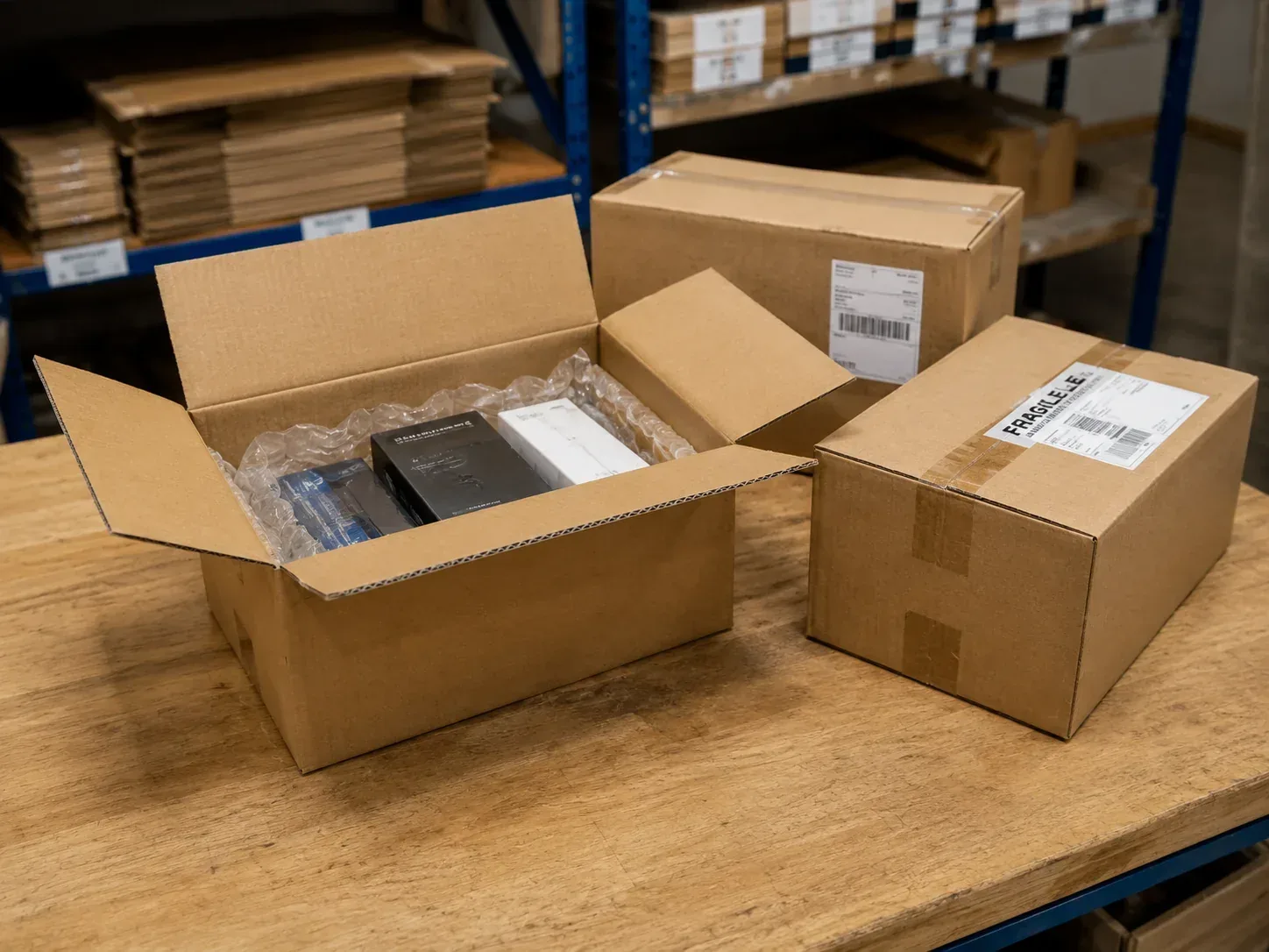 Corrugated shipping cartons for e-commerce fulfillment.