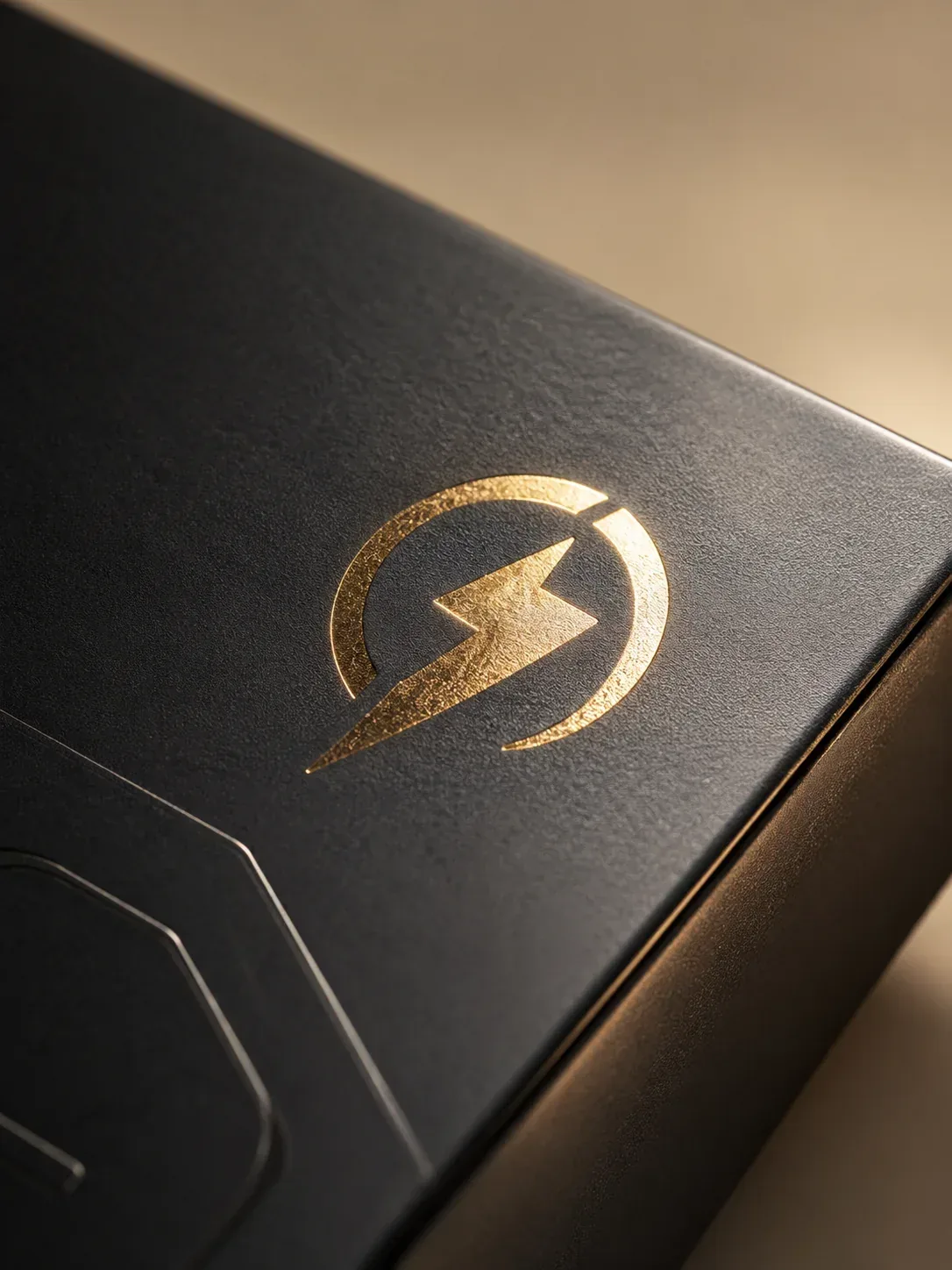 Debossed detail on electronics packaging.