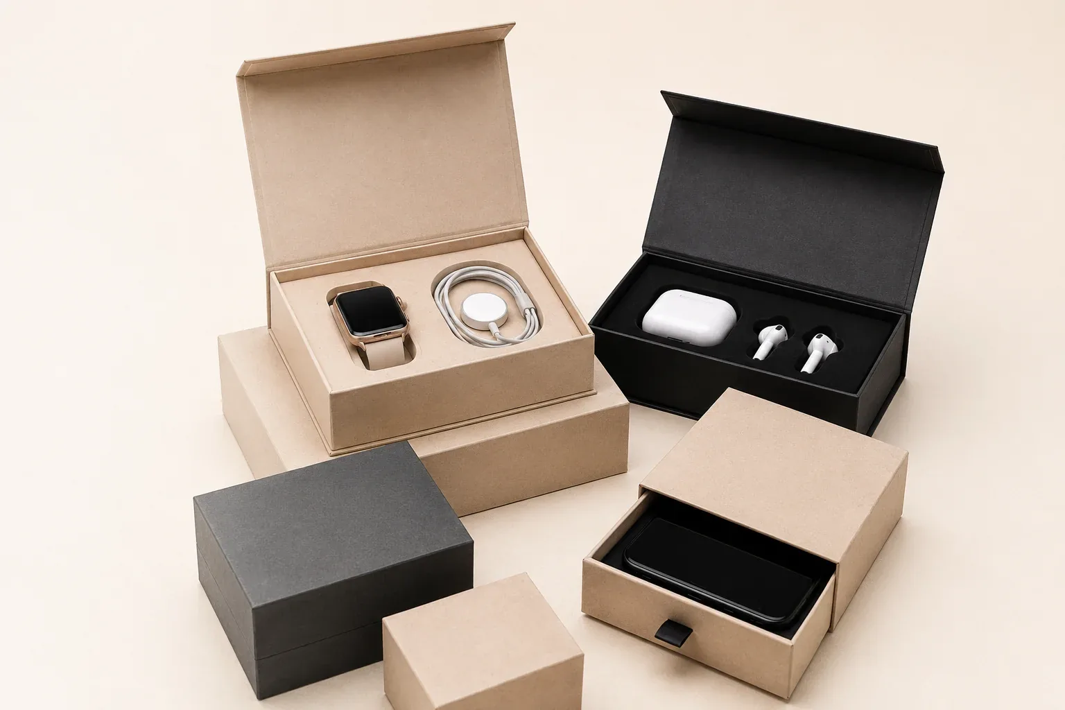 Custom electronics packaging boxes with protective inserts for smart devices and earbuds.