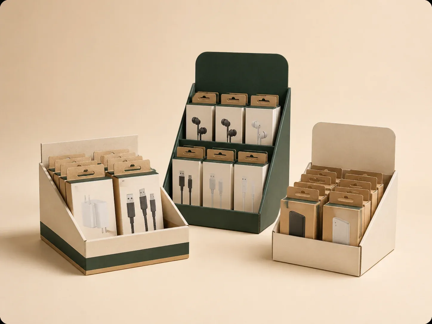 Electronics display stand for retail packaging promotions.