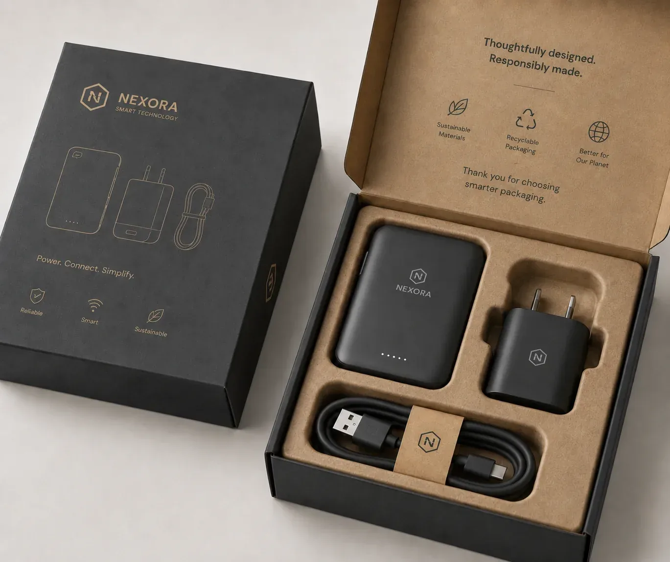 Paper-based electronics packaging with kraft box and inserts.