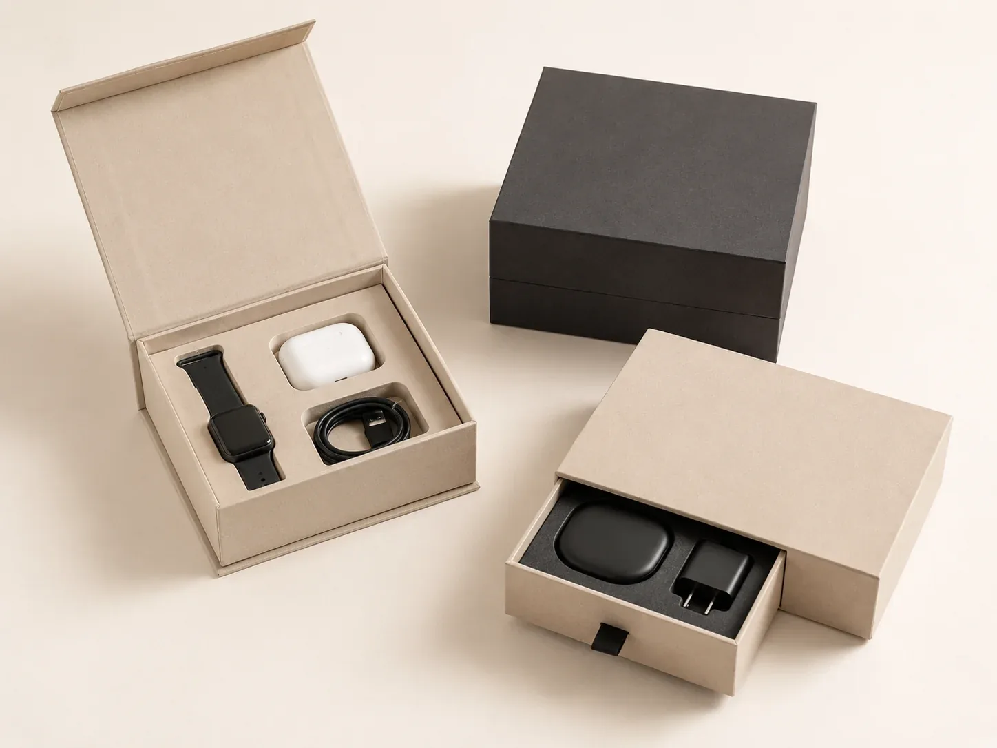 Electronics gift boxes with protective inserts.