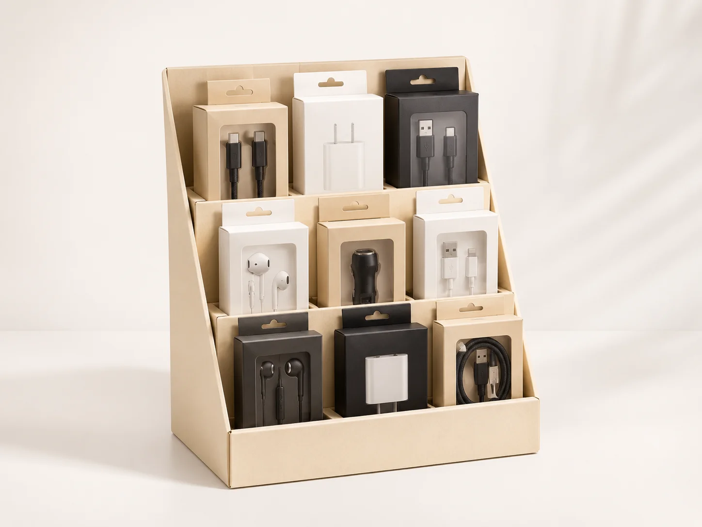 Electronics display stand with retail product boxes.