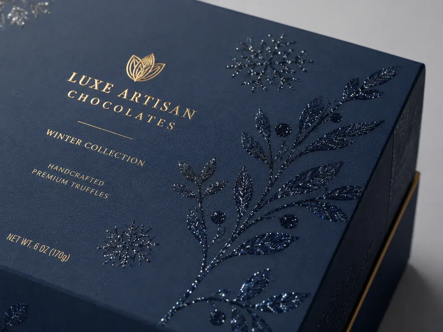 Glitter UV finish on food packaging.
