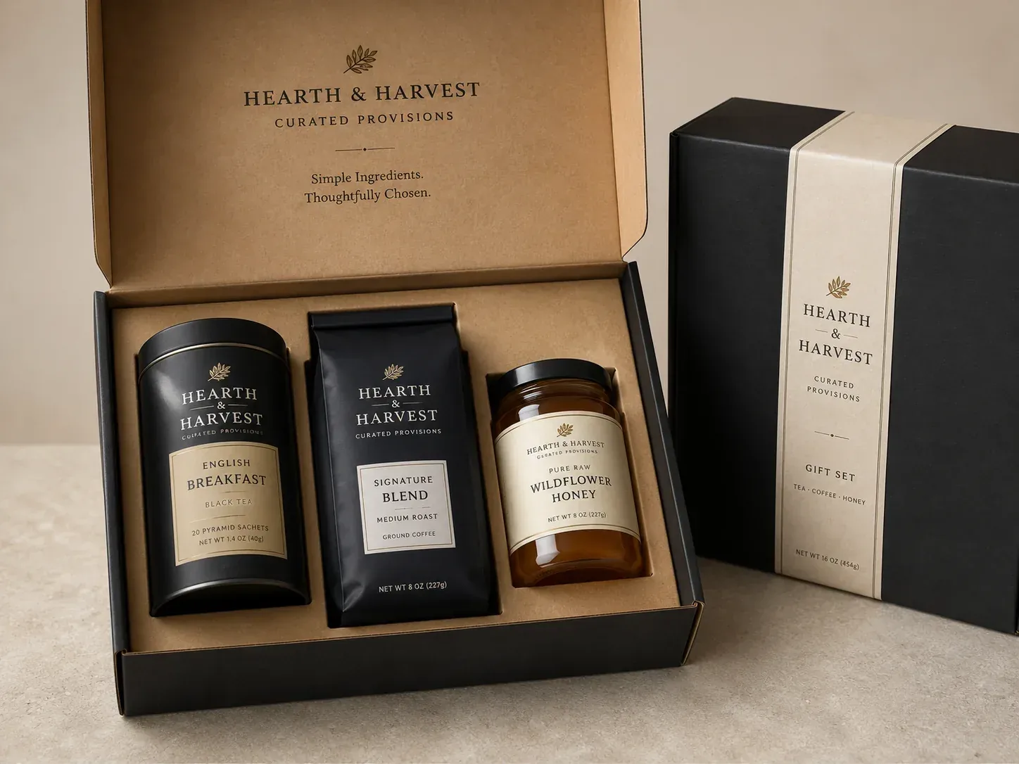 Food gift set with organized inserts.