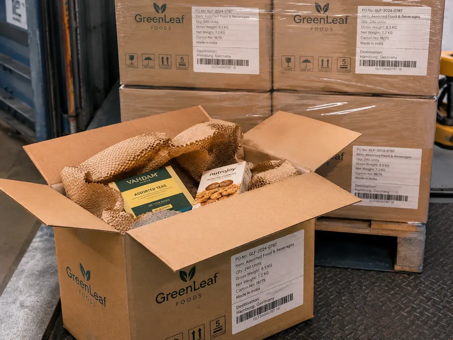Corrugated food boxes for shipping protection.