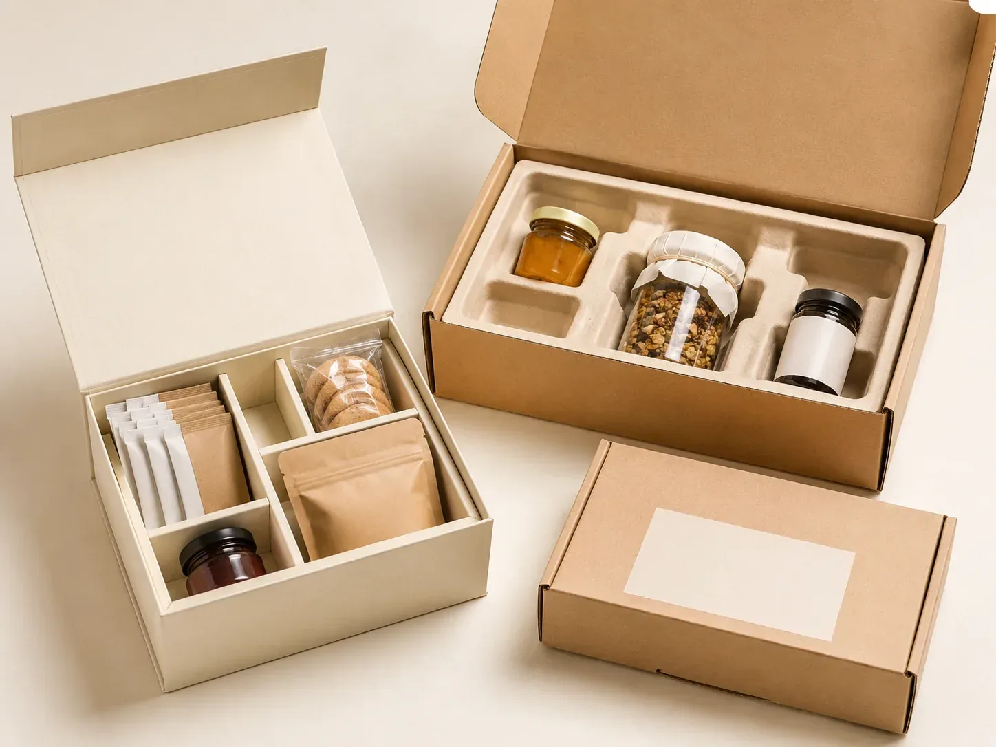 Custom food packaging boxes with protective inserts for snacks, tea, and baked goods.