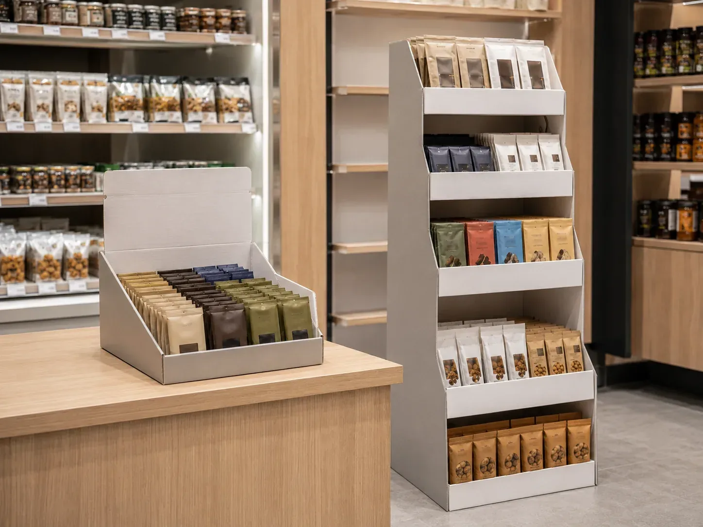 Food display stand for retail packaging promotions.
