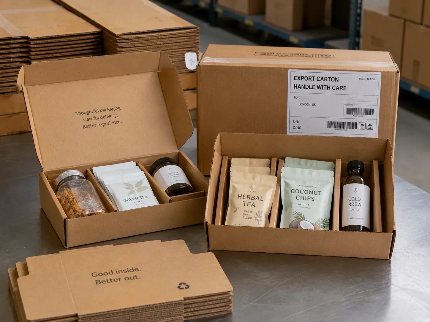 Food packaging ready for online fulfillment and global delivery.