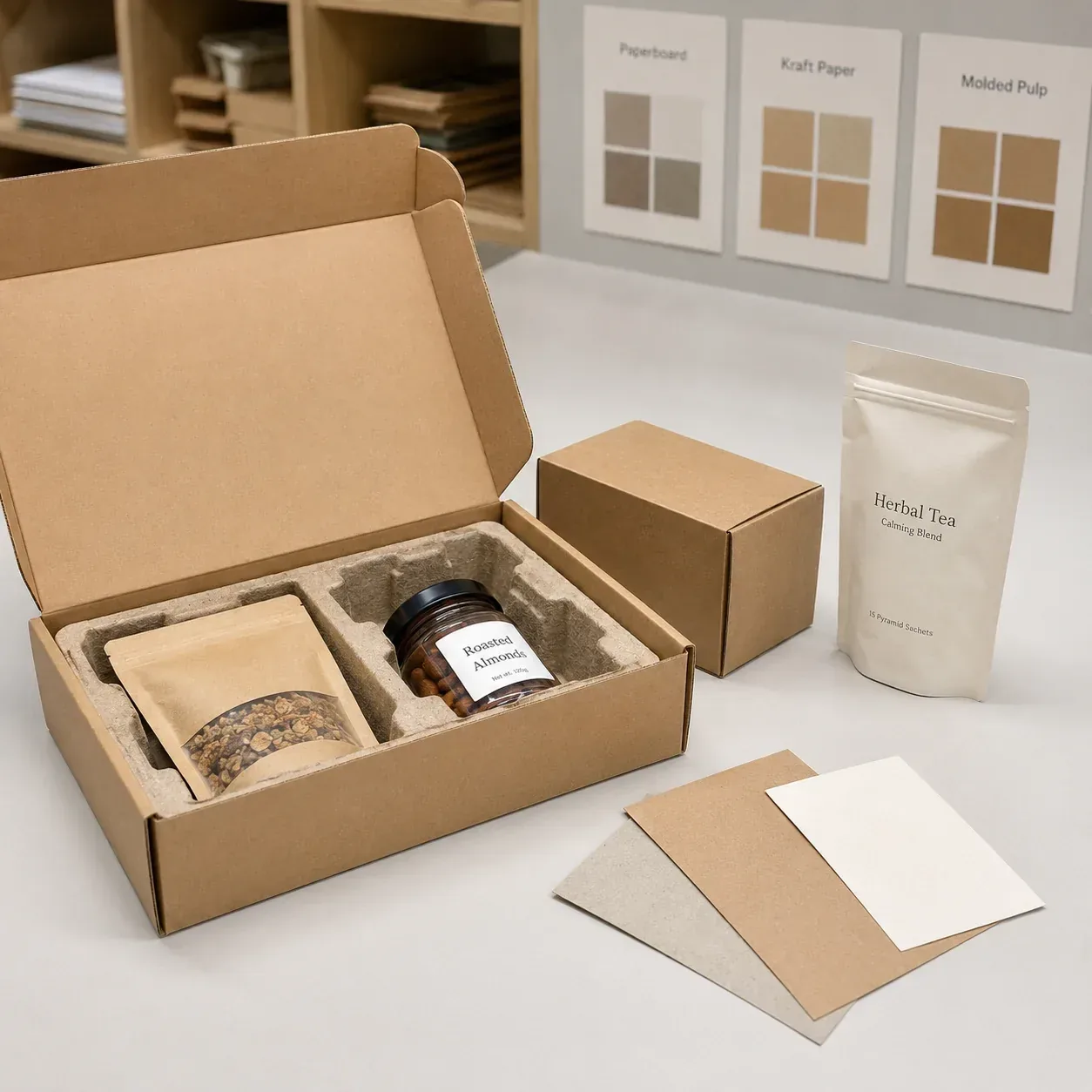 Paper-based food packaging with kraft box and inserts.