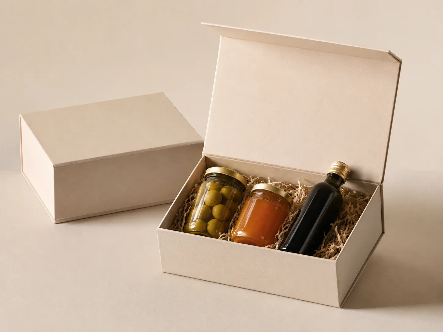 Food gift boxes with protective inserts.