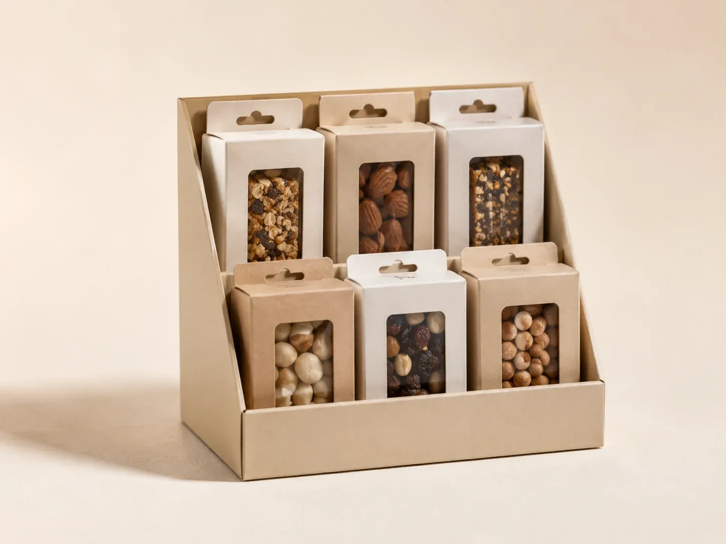 Food retail display stand with product boxes.