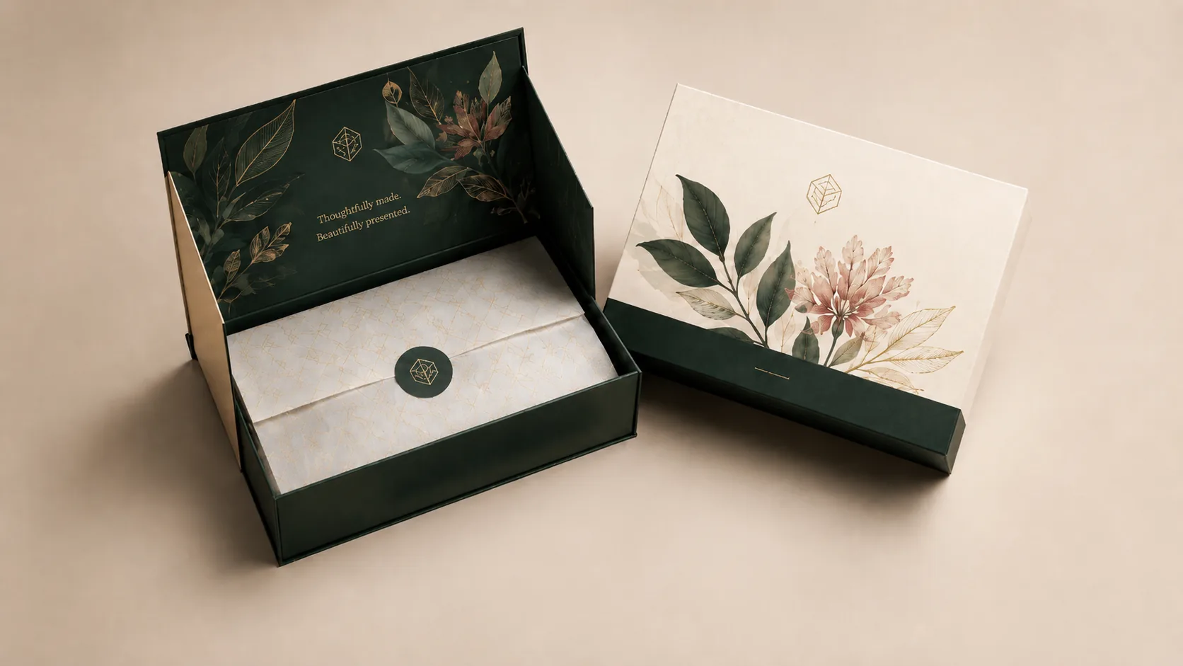 Close-up of deep green packaging with gold foil details