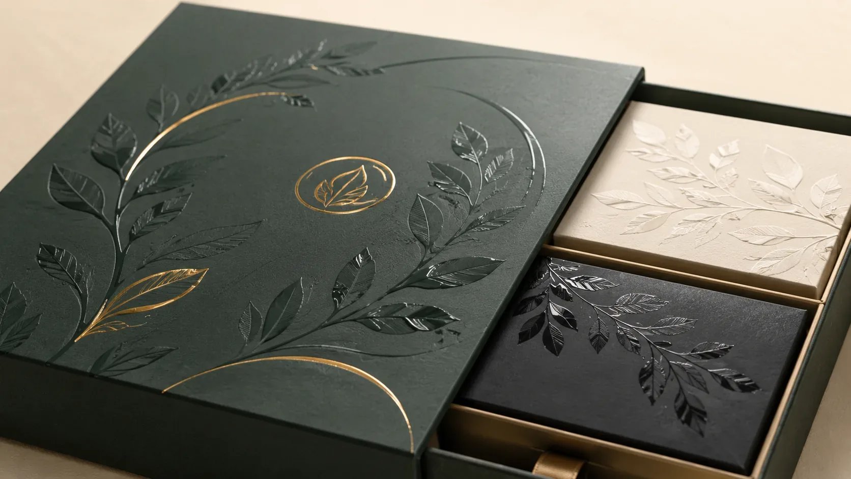 Luxury green gift box with gold foil botanical pattern