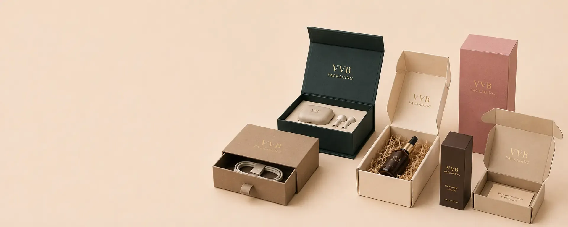 Custom paper packaging products manufactured by VVB Packaging